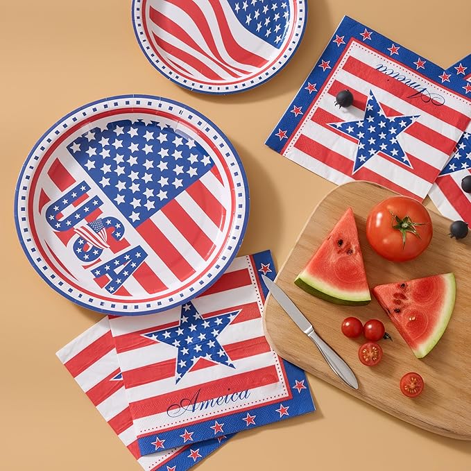 Fijinhom Patriotic Party Supplies, 350 PCS American Flag Paper Plates Set, Disposable Dinnerware Set for 50 Guests, USA Flag Paper Plates Napkins Cups Blue Plastic Forks Knives Spoons for Memorial