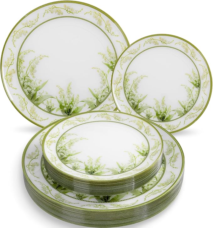 30Pcs Clear Plastic Plates - Lily of the Valley Plates Disposable Heavy Duty, Perfect for Weddings, Tea Parties, Holidays - 10.25" Dinner & 7.5" Dessert Plastic Plate