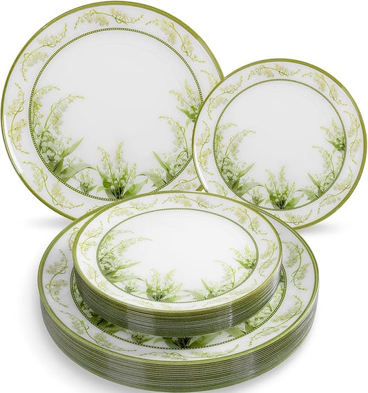 30Pcs Clear Plastic Plates - Lily of the Valley Plates Disposable Heavy Duty, Perfect for Weddings, Tea Parties, Holidays - 10.25" Dinner & 7.5" Dessert Plastic Plate