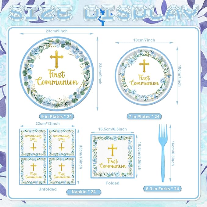 96 Pieces First Communion Floral Tableware Set – Blue Floral Cross Disposable Plates, Napkins for First Communion Party, Christening, Baptism, and Religious Celebrations – Serves 24 Guests