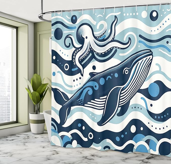 Ambesonne Nautical Shower Curtain, Simple Cartoon Illustration of Funny Ocean Waves Whale and Octopus Characters, Cloth Fabric Bathroom Decor Set with Hooks, 69" W x 84" L, Sea Blue White