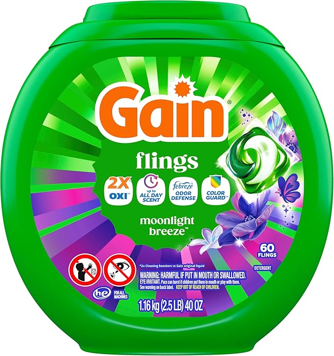 Gain Flings Liquid Washing Detergent Pacs with Odor Defense + Color Guard, Moonlight Breeze Scent, 4-In-1 Liquid Laundry Detergent Pods, Clean & Fresh, 60 Count (Packaging May Vary)