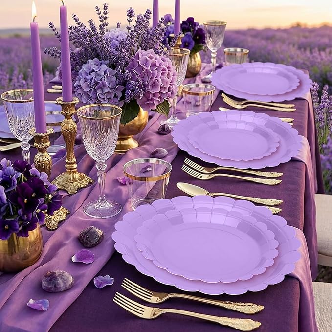 168 Pcs Light Purple Plates and Napkins Set, Purple Party Supplies Include Scalloped Plate Napkins Cups Forks Knives Disposable Plastic Cutlery for Baby Shower, Wedding, Birthday