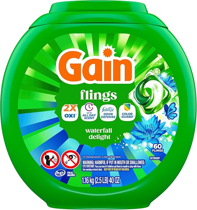 Gain Flings Liquid Washing Detergent Pacs, Now with Odor Defense + Color Guard, Waterfall Delight Scent, 4-In-1 Liquid Laundry Detergent Pods, clean & fresh, 60 Count (Pack of 4)