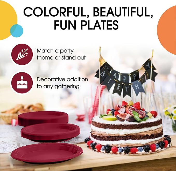 Exquisite Party Solids Burgundy Plastic Plates For Party Supplies 7" Burgundy Disposable Plates Heavy Duty 50 Pcs Plastic Dinnerware Sets Heavy Duty 350 GSM Disposable Dinnerware Set