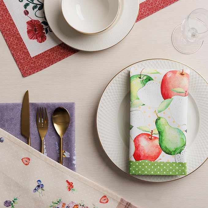 Maison d' Hermine 100% Cotton Cloth Napkins Set of 4 Everyday Reusable Square Napkins Cloth Washable Dinner Party Wedding Restaurant Hotel Kitchen Spring Summer (Apples & Pears, 18" x 18")