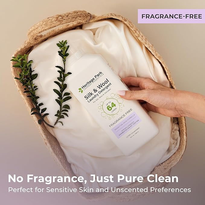 Heritage Park Silk & Wool Fragrance Free, Hypoallergenic, pH-Neutral Laundry Detergent - Dermatologist-tested, Sensitive Skin-Friendly, Enzyme-Free, Concentrated Up to 64 loads (32 fl oz)