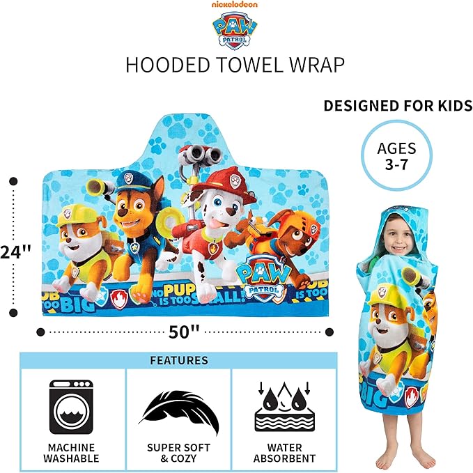 Paw Patrol Blue Bath/Pool/Beach Soft Cotton Terry Hooded Towel Wrap, 24" x 50", By Franco Kids