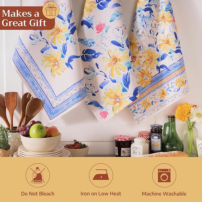 Maison d' Hermine Kitchen Towels Set of 3 100% Cotton 27.50" x 20" Reusable Cloth Tea Dish Towels Absorbent with Hanging Loop for Kitchen Farmhouse Hotel Spring Summer - Girassol