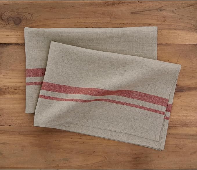Solino Home Red and Natural Linen Kitchen Towels Set of 2-100% Pure Linen 17 x 26 Inch French Stripe Tea Towels with Hanging Loop - European Flax Kitchen Dish Cloth - Quick Dry & Machine Washable