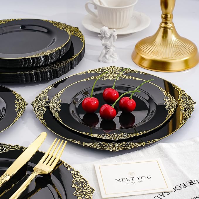 Realluck 350 PCS Black and Gold Plastic Plates, Plastic Dinnerware Set for 50 Guests, 100 Disposable Plates, 150 Silverwares, 50 Cups, 50 Napkins for Party, Wedding, Graduation