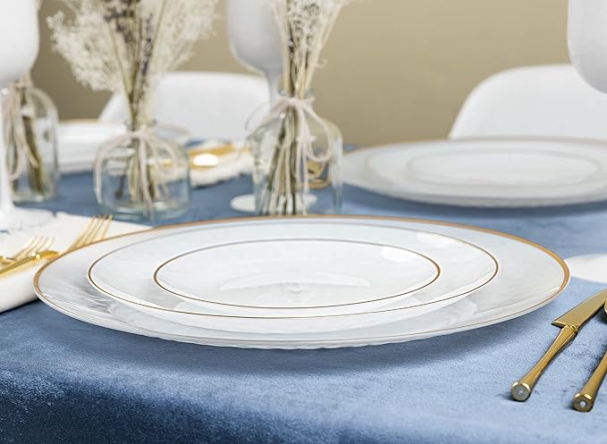 PLASTICPRO 30 Pack Hammered Plastic Plates Heavyweight Disposable Plastic Plates Elegant Transparent White With Gold Rim Platsic Party Dishes (Transparent White With Gold Rim, 10'' INCH PLATES)