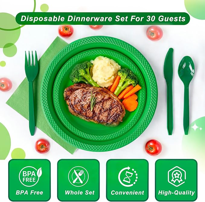 WELLIFE 210 PCS Green Plastic Plates for 30 Guests - Disposable Dinnerware Set Including Dinner Plates, Dessert Plates, 12oz Cups, Cutlery & Napkins, Green Party Plates