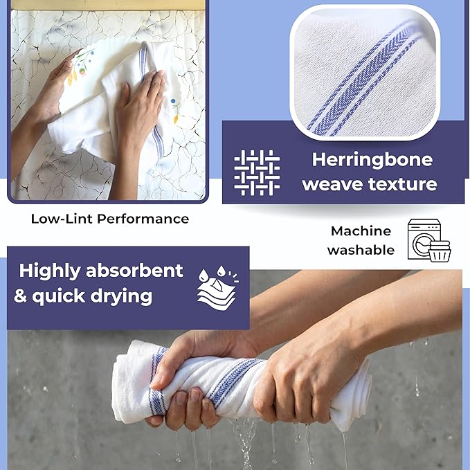 Bulk Kitchen Towels Cotton for Chefs in Commercial Restaurants - 15"X25" - 6 Pack - White Linen Tea Dish Towels - Lint Free Soft Absorbent Center Blue Striped Herringbone Weave Towles