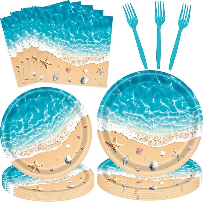 100 Pieces Beach Party Tableware Set – Ocean Wave Disposable Plates, Napkins and Forks, Seashell Starfish Summer Pool Party Supplies for Birthday, Beach Theme and Tropical Decorations