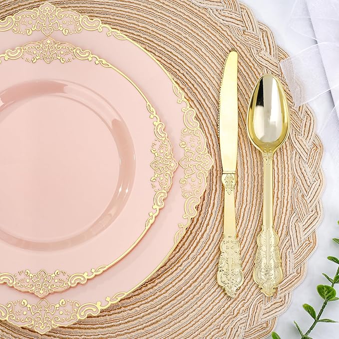 Realluck 350 PCS Pink and Gold Plastic Plates, Plastic Dinnerware Set for 50 Guests, 100 Disposable Plates, 150 Silverwares, 50 Cups, 50 Napkins for Party, Wedding, Graduation