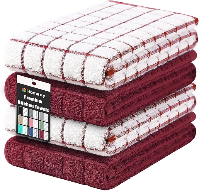 Homaxy Premium Cotton Kitchen Towels 16"x 28", Large Natural Ring Spun 390 GSM Dish Towels, Super Absorbent Terry Kitchen Hand Towels, Soft Tea Towels with Hanging Loop, Red Check Design, 4 Pack