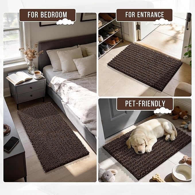 Yimobra Bathroom Rugs Non Slip Washable - Ultra Soft Absorbent Chenille Bath Mat, Quick Dry Shaggy Floor Carpet for Tub Shower, Brown Home Decor Accessories, 24x17 Inch