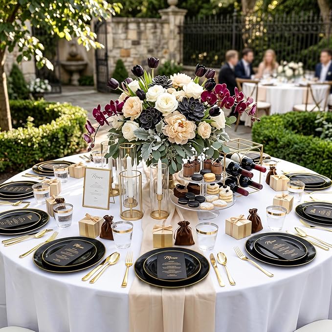 KIRE 200Pcs Black Plastic Plates - Black and Gold Plates Disposable for Party - Include 100 for Dinner and 100 for Dessert for Birthday/Wedding/Graduation/Father's Day