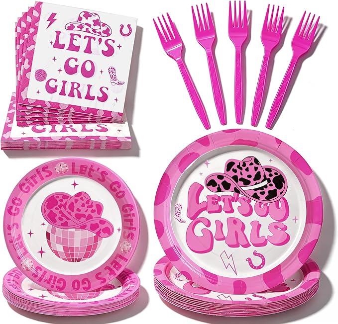 100 Pcs Let's Go Girls Party Supplies for 25 Guests, Heavy-Duty 7" & 9" Paper Plates, 2-Ply 13" Napkins & Plastic Forks, Disposable Disco Cowgirl Tableware Set for Birthday Party