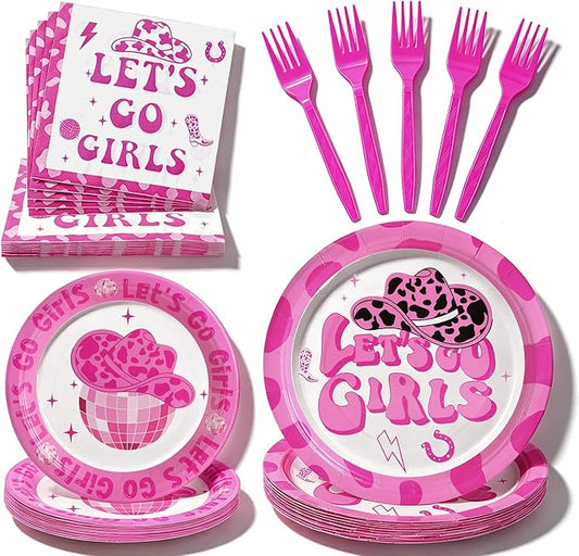 100 Pcs Let's Go Girls Party Supplies for 25 Guests, Heavy-Duty 7" & 9" Paper Plates, 2-Ply 13" Napkins & Plastic Forks, Disposable Disco Cowgirl Tableware Set for Birthday Party