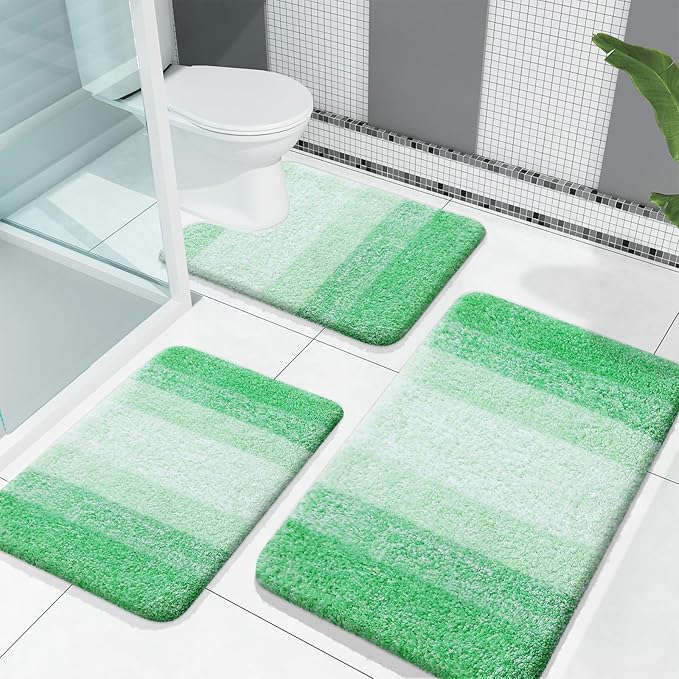 OLANLY Bathroom Rugs Sets 3 Piece, Soft Absorbent Microfiber Bath Mats and U-Shaped Contour Toilet Rug, Plush Shaggy Bath Mat Set for Bathroom (30"x20"+24"x16"+24"x20", Green)