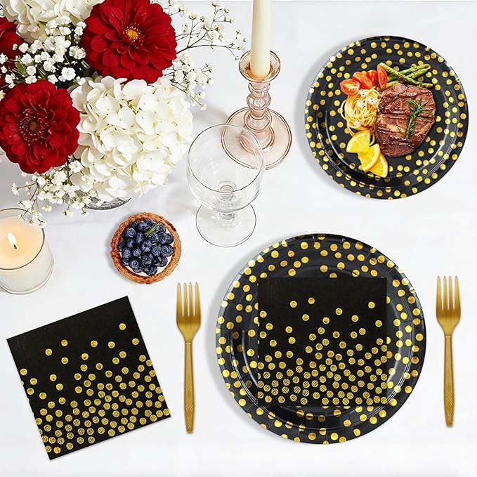 100 Pcs Black and Gold Paper Plates and Napkins Party Supplies,Serves 25 Guests Black Gold Plates and Napkins,Disposable Paper Tableware Set for Birthday Graduation Retirement Decorations