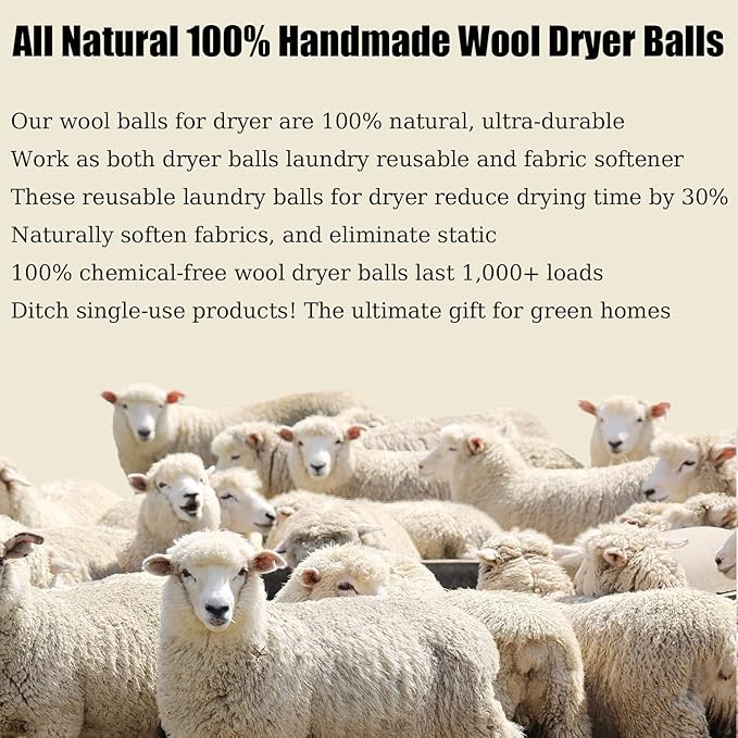 6 Pack Wool Dryer Balls Laundry Reusable Anti Static, Cotton Balls Wool Laundry Balls for Dryer Reduces Clothing Wrinkles Natural Fabric Softener Last 1000+ Loads (White, 2.75 in/7 cm)