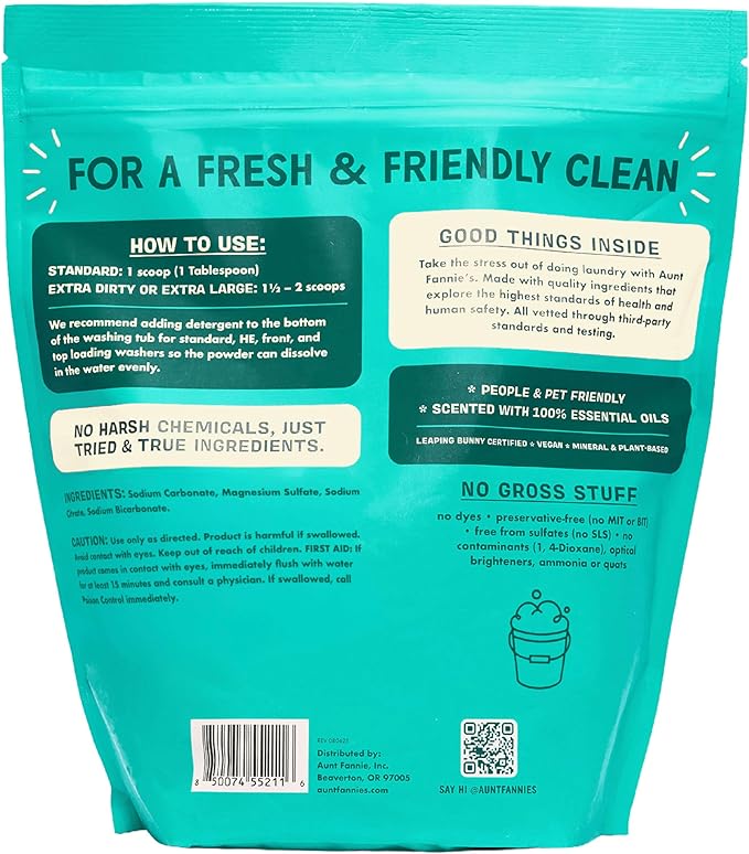 Aunt Fannie's Powder Laundry Detergent, Deep Cleaning, Plant Based, Natural Ingredients, 70 Loads Per Bag, Fragrance Free, 44 Oz