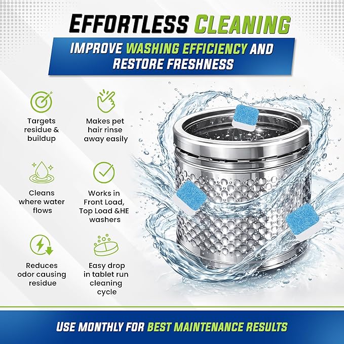 True Fresh Washing Machine Cleaner Tablets 25 Pack for Front Load, Top Load & HE Washers, Helps Remove Odor-Causing Residue, Limescale & Grime, Deep Cleans Drum, Pump, Valve & Hoses, Septic Safe