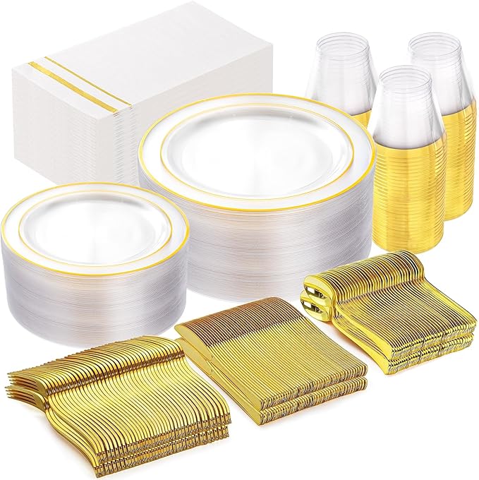 GATHER 350PCS Clear Gold Plastic Plates - Disposable Gold Dinnerware Sets Includes 100 Gold Rim Plastic Plates, 150 Silverware, 50 Napkins, 50 Cups for Party, Wedding