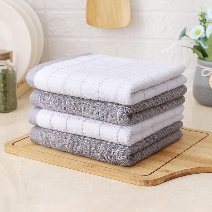 Homaxy 100% Cotton Terry Kitchen Towels(White and Light Grey, 13 x 28 Inches), Checkered Designed, Soft and Super Absorbent Dish Towels, 6 Pack