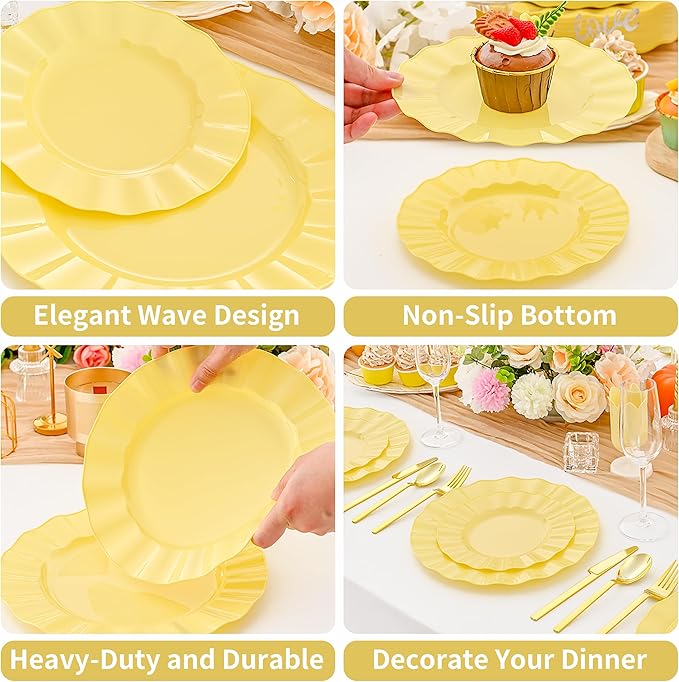60Pcs Yellow Plates, Heavy Duty Ware Yellow Plastic Plates Disposable, Fancy 30 Dinner & 30 Dessert Plates for Spring Easter Party Wedding(30Guests)