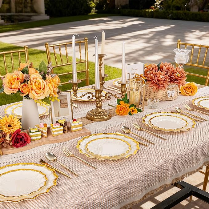 DaYammi 60Pcs Ivory Plastic Plates with Gold rim,Ivory Gold Disposable Plates - Heavy duty Plastic Plates Include 30 Dessert Plate,30 Dinner Plate,Ivory Scalloped gold plates for Party Wedding