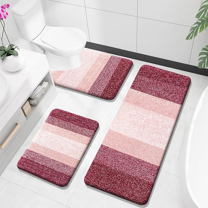 OLANLY Bathroom Rugs Sets 3 Piece, Soft Absorbent Microfiber Bath Mats and U-Shaped Contour Toilet Rug, Plush Shaggy Bath Mat Set for Bathroom (47"x20"+24"x16"+24"x20", Red)