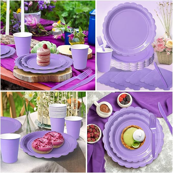 Vyntra 350 Pcs Lavender Purple Disposable Paper Plates and Napkins Set for 50, 9" Dinner Plates & 7" Dessert Plates, Tableware for Birthday, Party