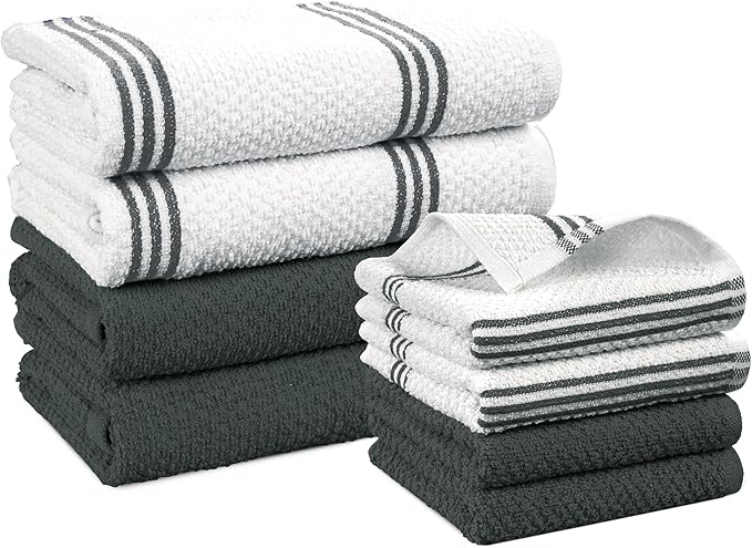 Casa Platino Kitchen Towel Set 8 Pc - 4 Dish Towels (16"x26") & 4 Dish Cloths for Washing Dishes (13"x13") - Absorbent Tea Towels, Quick Drying & Durable Cleaning Cloths, Easy Care Wash Rags - Grey.