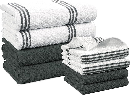 Casa Platino Kitchen Towel Set 8 Pc - 4 Dish Towels (16"x26") & 4 Dish Cloths for Washing Dishes (13"x13") - Absorbent Tea Towels, Quick Drying & Durable Cleaning Cloths, Easy Care Wash Rags - Grey.