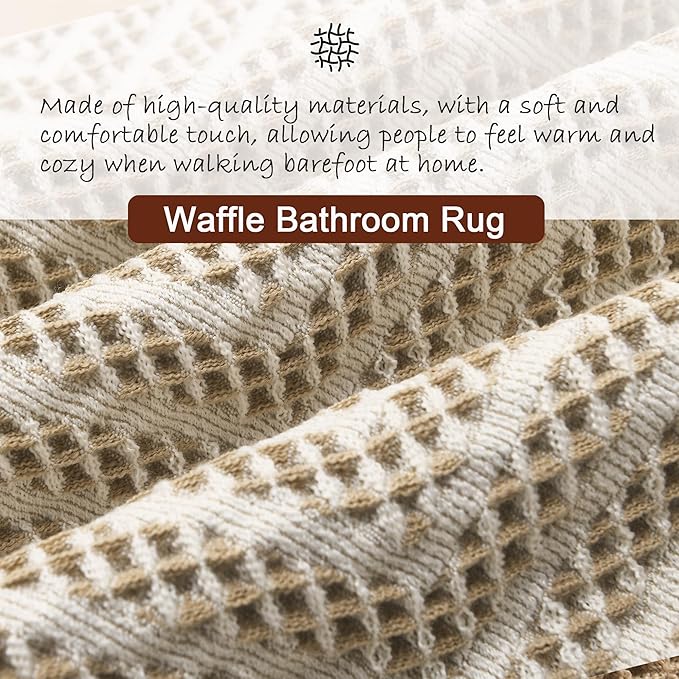 DWCN Waffle Bathroom Mat, Boho Bath Rugs Super Absorbent Non Slip Bath Mats for Bathroom Floor, Ultra Soft Farmhouse Shower Mats for Tub and Shower, 20 x 32 Inch, Brown & Beige