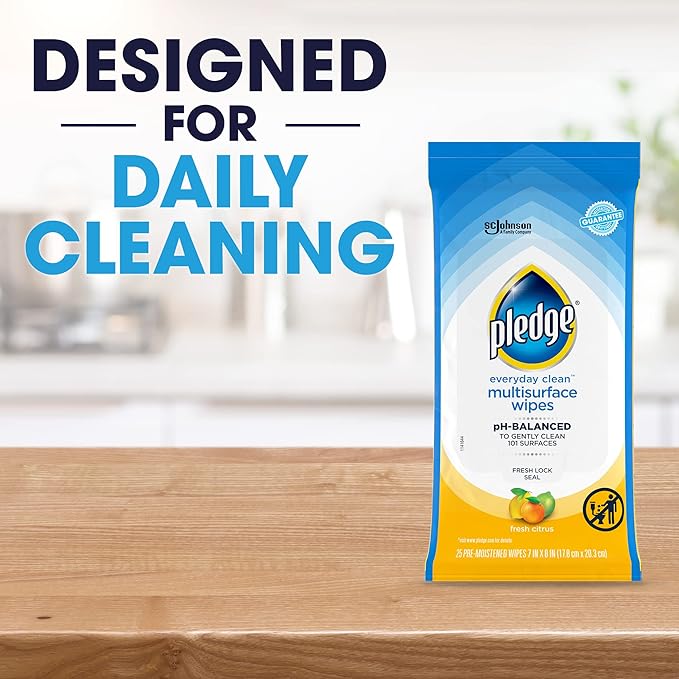 Pledge Multisurface Cleaning Wipes, pH Balanced, Fresh Citrus, 25 Count (Pack of 12)