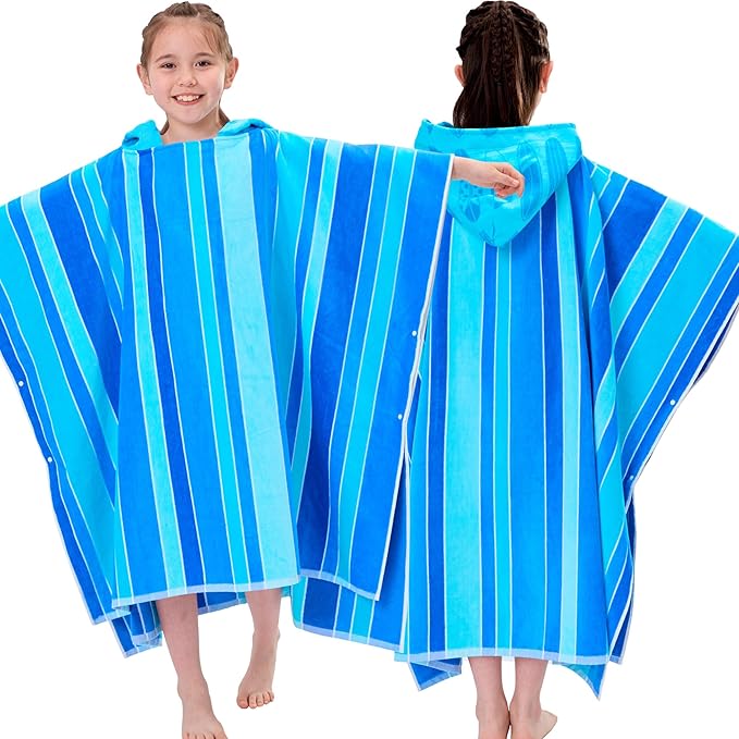 VOOVA & MOVAS Teens Poncho Towel with Hood (8-16Years), 100% Cotton Thick Poncho Towel Robe for Teens, Perfect for Pool, Beach, Bath and Gifts,Blue Stripe