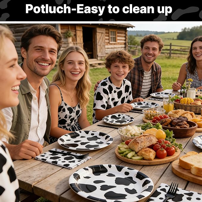 100 Pcs Cow Themed Party Supplies for 25 Guests, Heavy-Duty 7" & 9" Paper Plates, 2-Ply 13" Napkins & Plastic Forks, Disposable Cow Print Tableware Set for Farm Western Theme Party