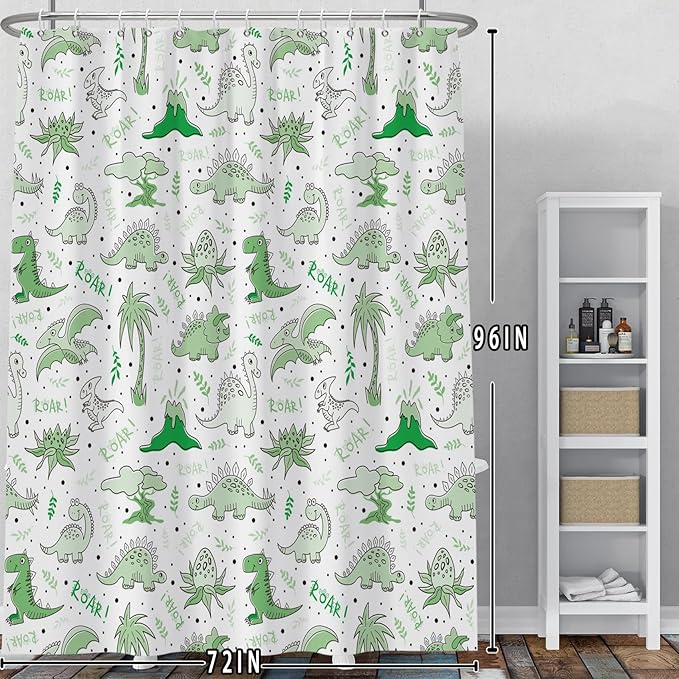Baocicoo Cute Cartoon Dinosaur Shower Curtain Sets Green Animals Plants Bath Curtain for Boys Girls Bathroom Decorations Polyester Fabric Waterproof Curtains for Bathroom with Hooks 72x96 Inches