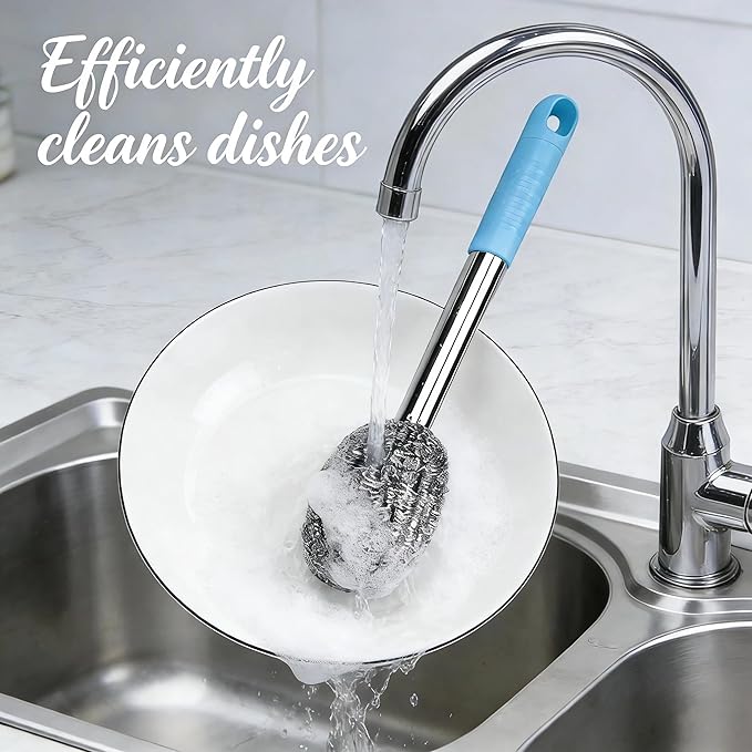 2PCS Steel Wool Scrubber with Handle Rustproof, Cast Iron Scrubber, Stubborn Messes Pot Brush, Remove Dirt for Cleaning Stoves,Sinks Dishes Grills Bowls & Metal Wire Sponge for Kitchens,Bathroom