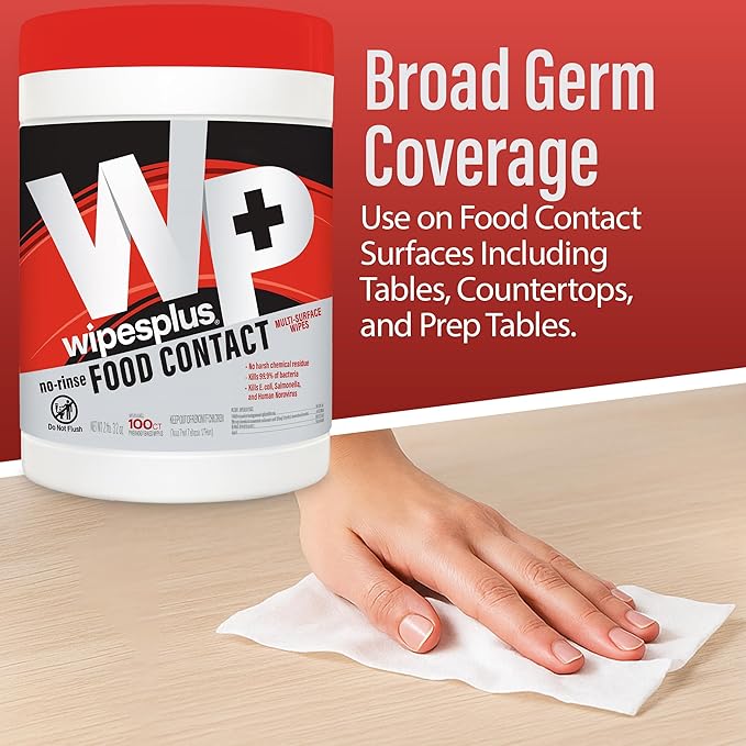WIPESPLUS Cleaning Wipes All Purpose Food Contact - No Rinse, No Residue, Quick Dry Formula, Disinfecting Wipes For Restaurants, Foodservice, Schools - Canister, 100 Count, (Pack of 6)