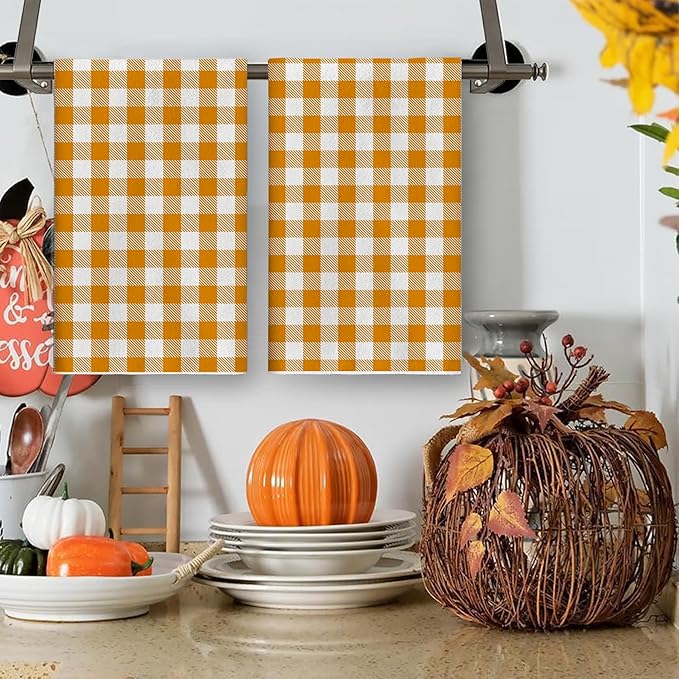 Fall Buffalo Plaid Kitchen Towels Farmhouse Gingham Dish Towel Pastel Orange Checkered Decor Happy Fall Decorations for Home Party