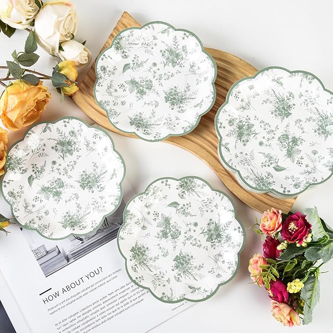 48 Pcs Sage Green Floral Party Plates 7" Vintage Floral Leaf Disposable Paper Plates Wildflower Green Toile Small Scalloped Dessert Plates for Spring Easter Birthday Bridal Tea Party Supplies