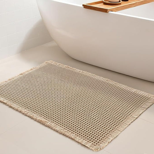 DWCN Brown Waffle Bathroom Mat, Boho Bath Rugs Super Absorbent Non Slip Bath Mats for Bathroom Floor, Ultra Soft Farmhouse Shower Mats for Tub and Shower, 16 x 24 Inch