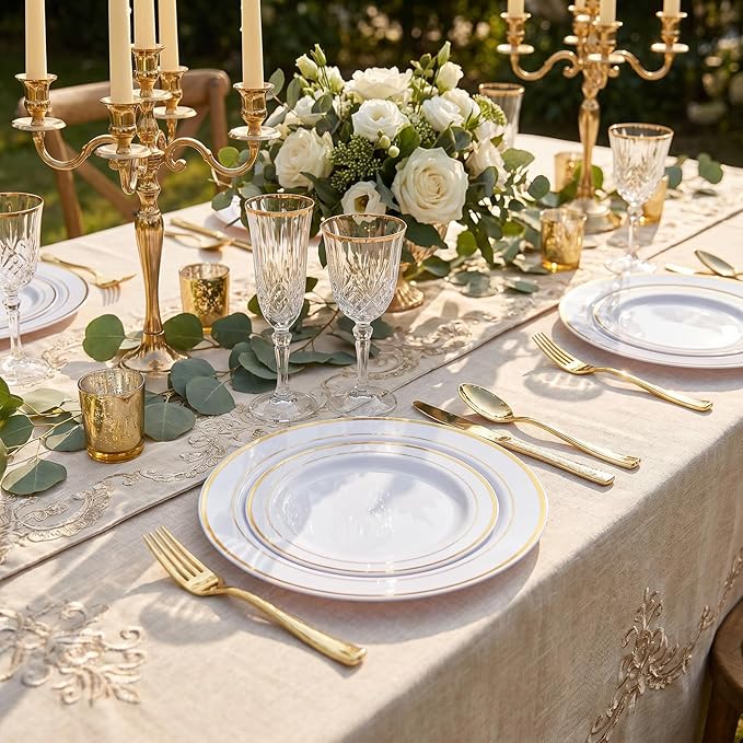 I00000 102 Pieces Gold Plastic Plates, Disposable Party Plates White Gold Rim, 51 Disposable Gold Dinner Plates 10.25 Inch and 51 Disposable Dessert Appetizer Elegant Fancy Wedding Plates 7.5 Inch