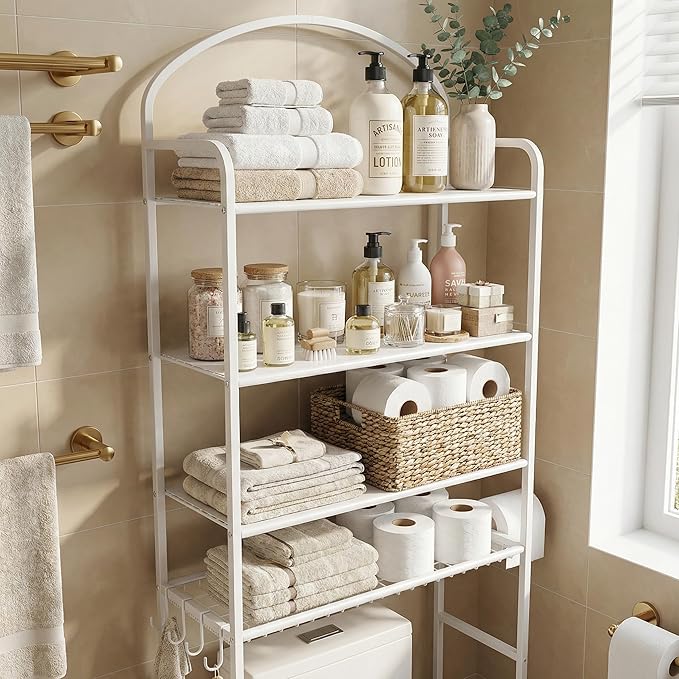 4-Tier Over The Toilet Storage, Bathroom Organizer, Space-Saving, 72" H Above Toilet Storage Rack with 4 Hooks and Paper Holder, Metal Shelf, White